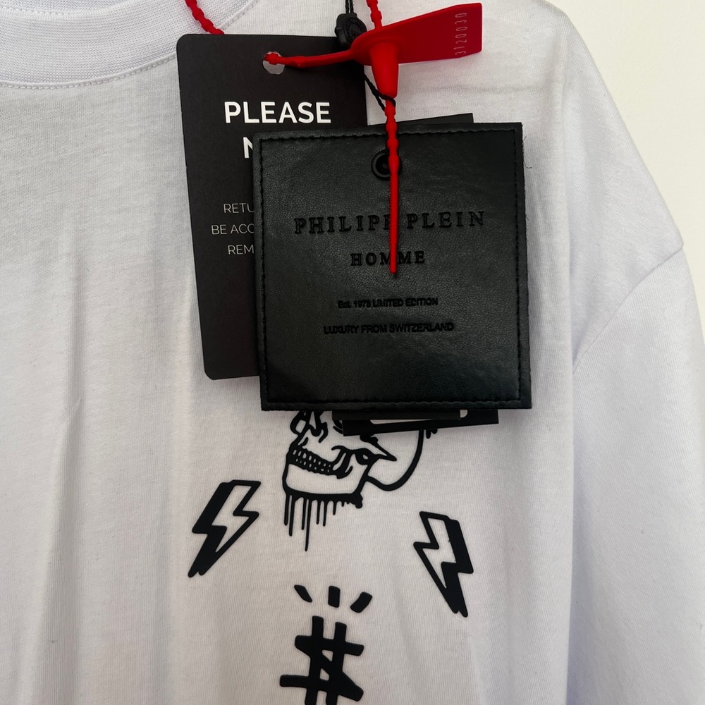 Philipp Plein “Skull & Lightning” Graphic Tee – White, Size XL – New w/ Tags